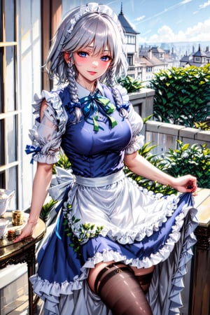 Pretty and charming girl. She wears a very elegant maid oufit ,  Hyperdetailing masterpiece, hyperdetailing skin, masterpiece quality, with 4k resolution. Charming smile, . Mansion corridor in background. She belongs to the nobility. . tender and charming.  ,izayoi_sakuya_touhou, serious face, unfriendly girl, sexy pose, beautiful thigh, silver hair, maid dress, white apron, very short skirt, sexy pose, , sleeveless outfit, detailed face, detailed eyes, fresh blue eyes, big green ribbons, blue outfit, small-to-medium breasts,braid