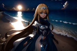 1girl, sunny beach, sandy beach, ocean, clouds, perfect light, sparkles, summer atmosphere,  1girl, solo, Calca, Calca Bessarez, blonde hair, (extremely long hair:1.3), very long hair, white tiara, white dress, blue eyes, medium chest