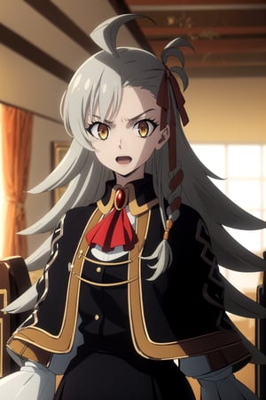 best quality, (masterpiece:1.2), detailed, ,1girl, solo, open mouth, light smile, grey hair, yellow eyes, long hair, ahoge,  side braid, hair ribbon, black dress, black skirt, brooch, red ascot, capelet, white sleeves, standing, looking at the viewer, indoors, 25 years old, mature female, serious face