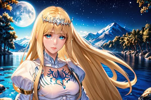 (sacred night and water magic caster),(ultra-fine HDR),extremely delicated and beautiful,  , 1girl, solo, Calca, Calca Bessarez, blonde hair, (extremely long hair:1.3), very long hair, white tiara, white dress, blue eyes, medium chest, extremely long hair, medium breast, close up, 