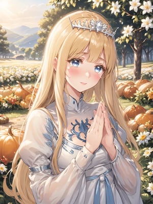 //Quality,
masterpiece, best quality, ultra detailed, 8K-UHD
,//Character,
1girl, solo
,//Fashion,
,//Background,
,//Others,
wild flower, offering a prayer of thanksgiving, tears of gratitude, blushing,Calca, ,blonde hair, , medium chest, extremely long hair, very long hair, extra long hair, white tiara, white dress, blue eyes,