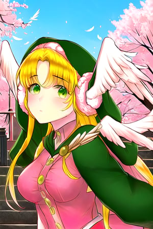 tree, stairs, standing, sky, cherry blossoms, temple, looking at viewer, upper body, from below, looking back, , Divine Chant, 4th Seat of the Black Scripture, blonde hair, green eye, pink dress, green hood, very long hair, 1girl, (white angelwing-shaped earmuffs:1.3),