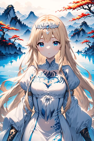 Very beautiful and elegant girl, close-up, sumi-e forest in the background, attractive asian makeup, Ink art,Eyes, Beautiful eyes,anime,1girl,solo,Calca, ,blonde hair, , medium chest, extremely long hair, very long hair, extra long hair, white tiara, white dress, blue eyes,