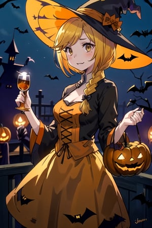 //Quality,
(masterpiece), (best quality), 8k illustration,
//Character,
1girl, solo, Halloween background, ghost town, Halloween outfit, 

 Orange theme, jack-o'-lantern, spooky decoration, , blonde hair, yellow eyes, enri, enri emmot, one-sided braid, (Halloween party:1.4), (Halloween decoration:1.4), witch_hat, witch dress