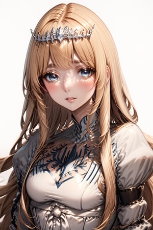 looking at the viewer, blush, upper body, parted lips,  ,1girl, solo, Calca, Calca Bessarez, blonde hair, (extremely long hair:1.3), very long hair, white tiara, white dress, blue eyes, medium chest