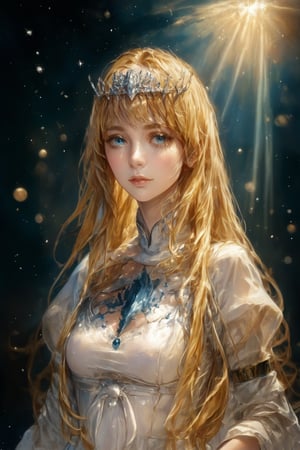 Title: "Ethereal Serenade: A Captivating Portrait"
In this ethereal composition titled "Ethereal Serenade: A Captivating Portrait," we are introduced to a singular girl who captivates the viewer with her striking beauty and enchanting presence. This solo portrait is a masterpiece that showcases excellent quality and a mesmerizing play of light particles.
, 1girl, solo, Calca, Calca Bessarez, blonde hair, (extremely long hair:1.3), very long hair, white tiara, white dress, blue eyes, medium chest, bangs, blunt bangs