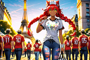 On a splendid sunny day, at the foot of the Eiffell Tower, cheer for her national team at the Olympics, a white t-shirt with the five Olympic rings and a pair of jeans, in one hand she holds a skull flag., lupusreginabeta, very long red hair, yellow eyes, twin braids, dark-skinned female, black hat, maid dress, , yellow eyes, double braided hair