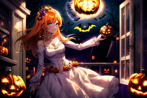 dancing, light smile, orange witch, (Woman dressed in a orange spooky Halloween costume:1.3), holding a small dark blue box, pumpkins decoration, score_9, score_8_up, score_7_up, source_anime, rennertheierechardelonrylevaiself, renner theiere chardelon ryle vaiself, long hair, blue eyes, blonde hair, hair ornament, very long hair, flower, hair flower, light smile, too much blushing, orange long sleeves, Halloween dress, jewelry, white puffy sleeves, necklace, orange dress, crown, princess, frills, indoors, night, night sky, moonlight, moon, Halloween curtains, window, looking at viewer, cowboy shot, dutch angle,  (Halloween party:1.4), (Halloween decoration:1.4), pumpkin, bat, death tree, graveyard, outdoor, Horror atmosphere,