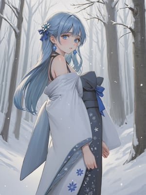 //Quality,
(masterpiece), (best quality), 8k illustration
,//Character,
1girl, solo, cowboy_shot, 
,//Fashion,

,//Background,
outdoors, winter, snow
,//Others,
,Yuki Onna, , small-to-medium breast, Japanese kimono, bare shoulder, light blue hair, extremely long hair, blue eyes, hair ornament, blue ribbon, blue earring