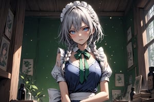 Beautiful girl. detailed image, detailed skin, upper body, standing, looking at the viewer, glowing eyeswater drop, ((masterpiece: 1.2)), light particles, ink droplets in background. 1girl, solo,Sakuya,Sakuya Izayoi,blue maid outfit,white apron,white maid headband,silver short hair, (two braided hair:1.2),blue eyes,green ribbons on her braid,big green bowtie