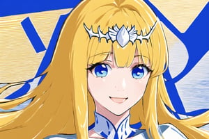 facial shot, bright eyes,, smiling, ,1girl, solo, Calca, Calca Bessarez, blonde hair, (extremely long hair:1.3), very long hair, white tiara, white dress, blue eyes, medium chest, medium breast, yellow hair color