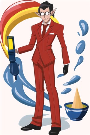 best quality,  masterpiece, 1boy,  male focus,  full body,  red suit,  red trouser,  red Necktie,  Silver Round Glasses,  short hair,  pointy ears,  black hair,  Diamond Eyes,  long metal tail,  black gloves,  demiurge,,incredibly absurdres,Songkran Festival,

Songkran day, red water splash, red water festival, water gun, sand castle, water bucket, golden pagoda, golden temple, festival flags, effect of flowing water, colorful style, Thailand decoration, colorful swimming glasses,water splash
