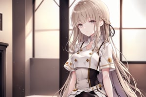 masterpiece, best quality, ultra-detailed, extremely detailed, depth of field, scenery, 

1girl, solo, long hair, , looking at the viewer, , , black thigh highs, ,  , medium breasts, , skirt, , indoors, Hakuchou,

, white dress, white uniform with black color on two sides of the waist, light brown hair, pale hair color, very long hair, straight hair, light brown eyes, pale eye color, tiny braided hair, hair ornament