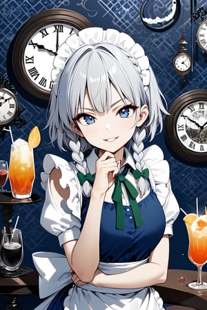 Masterpiece, looking at the viewer, smiling, upper body, open lips, nail polish, gothic pattern background, cup, clock, straw, drink, glass, ice,ink paint,Sakuya,Sakuya Izayoi,blue maid outfit,white apron,white maid headband,silver short hair,two braided hair,blue eyes,green ribbons on her braid,big green bowtie, 1girl, solo, 25 years old, serious face, slim body, 