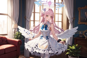  best quality, highres, aamika, halo, long hair, hair flower, angel wings, white wings, low wings, angel wings, crescent, sleeveless, blue bow, frills, white dress, wrist scrunchie, white pantyhose, , , cowboy shot, capelet, ,, indoor, in luxurious room, living room, window, day light
