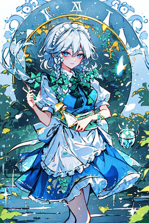 (masterpiece, best quality, highres:1.3),  royal, royalty,  elegant, forest, walking,  wide-shot, 1girl, solo, ,izayoi_sakuya_touhou,, Sakuya, Sakuya Izayoi, blue maid outfit, white apron, white maid headband, silver hair, two braided hair, short hair, blue eyes, blue eyes, two green ribbons on her braided hair, green bowtie, braid,, twin_braids