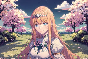 1girl, solo, looking at viewer, smile, ,, sitting, very long hair, closed mouth, , flower, , outdoors, sky, day,, cloud, , , , tree, blue sky, , nature, , yellow flower, Calca, Calca Bessarez, blonde hair, (extremely long hair:1.3), very long hair, white tiara, white dress, blue eyes, medium chest,1 girl,portrait,glitter,Chromaspots,lofi artstyle,tshee00d