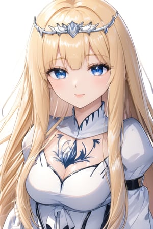 Beautiful girl, masterpiece quality, light particles, looking at viewer,, upper body, Anime Style., highly detailed, 1girl, solo, Calca, Calca Bessarez, blonde hair, (extremely long hair:1.3), very long hair, white tiara, white dress, blue eyes, medium chest,