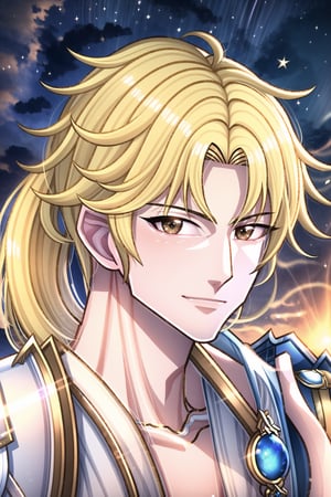 looking at the viewer, upper body,,,Hyouka,1male,blonde hair,brown eyes,one-sided braid,very long hair,one shoulder armor, handsome man, 