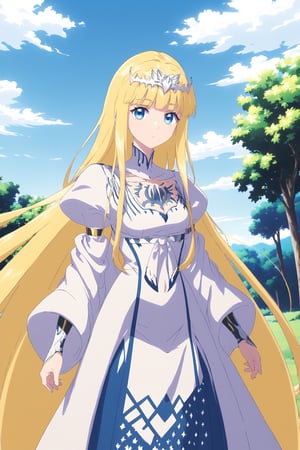 looking at the viewer, bangs,, standing, ,, outdoors, , from the side,,,anime,diathornstyle,action shot, 1girl, solo, Calca, Calca Bessarez, blonde hair, (extremely long hair:1.3), very long hair, white tiara, white dress, blue eyes, medium chest,extremely long hair