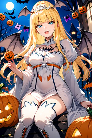 score_9, score_8_up, score_7_up, 1girl,, halloween dress, bat wings, multiple bat, white bat ears, white boots, floating, sitting on pumpkin, from below, looking at viewer, smug, closed mouth, outdoors, night, fangs, glitter eyes, (Halloween party:1.4), (Halloween decoration:1.4),Calca,Calca Bessarez,blonde hair,(extremely long hair:1.3), orange tiara,white witch dress, light blue eyes,medium chest,blunt bangs, mature female, open mouth 