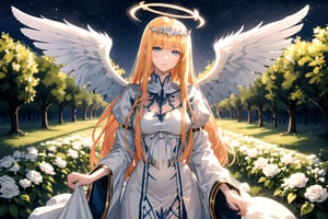 //Quality,
masterpiece, best quality
,//Character,
1girl, solo
,//Fashion,
,//Background,
night, Rose garden
,//Others,
 yellow roses, , halo, two angel wings, 1girl, solo, Calca, Calca Bessarez, blonde hair, extremely long hair, very long hair, white tiara, white dress, blue eyes, medium chest, very large white wings, close up