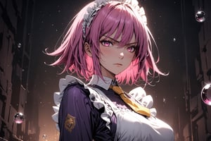 Beautiful girl. detailed image, detailed skin, upper body, standing, looking at the viewer, glowing eyeswater drop, ((masterpiece: 1.2)), light particles, ink droplets in background.,1girl,dark purple maid dress,white apron,white maid headband,yellow double necktie,long sleeve,dark pink hair,sidelock,short hair,dark pink eyes, 25 years old, serious face, mature female