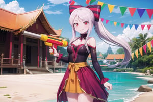 (((picture perfect))), (absurdres), 1girl, solo, , shalltear bloodfallen,, hair bow, fang out, looking at viewer, smile, small breast, colorful outfit, 

Songkran Festival, Songkran day, red water splash, red water festival, water gun, sand castle, water bucket, golden pagoda, golden temple, festival flags, effect of flowing water, colorful style, Thailand decoration, colorful swimming glasses, using a transparent umbrella to protect water, the effect of red water, colorful dress, drinking red cocktail, a lot of festival flags, water, small chests