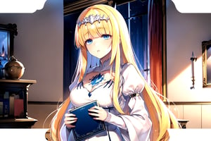 //Quality,
(masterpiece), (best quality), 8k illustration
,//Character,
1girl, solo, calca, blonde hair, very long hair, extremely long hair, blue eyes, medium breast, long sleeve, white dress, white tiara, blonde hair
,//Fashion,
,//Background,
indoors
,//Others,
magic book, forefather of magic, magical realm