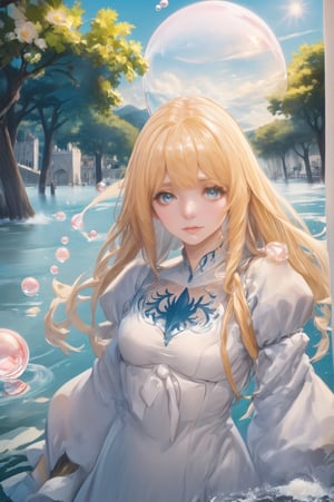 score_9, BREAK source_anime, (absurdres, masterpiece, high quality), 1girl, solo,BREAK, sea, water magic, torino, air bubbles, water bubbles, light particle, falling petals, torino,Calca, 1girl, solo, Calca, Calca Bessarez, blonde hair, (extremely long hair:1.5), very long hair, white tiara, white dress, blue eyes, medium chest