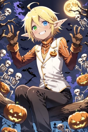 Aura Bella Fiora \(overlord\), 1girl, solo, short hair, blonde hair, hair between eyes, blue eyes, green eyes, heterochromia, pointy ears, dark skin, elf, ahoge, 
orange shirt, long sleeves, brown gloves, jewelry, white vest, black pants, brown footwear, 
smile,, fingersmile, night, (Halloween theme:1.4), (Halloween decoration:1.4), 
death forest, upper body, Sitting on a tree branch. double Peace sign, skeleton birds around, (skeleton dogs:1.4)
score_9,score_8_up,score_7_up,source_anime, from below, leaning forward, dutch angle, 