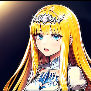 Very beautiful and charming girl. She is very badass. She has beautiful long hair.   1girl, solo, Calca, Calca Bessarez, blonde hair, (extremely long hair:1.4), very long hair, white tiara, white dress, blue eyes, medium chest, extremely long hair