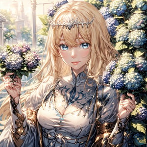 (A girl buried in a giant hydrangea:1.5), Spring rain theme, a dainty woman dancing in the rain, harmony, and fusion of space and plane, impressive and realistic moe anime style illustration, rich and delicate drawing, 3D melody of rain splash and spring scenery, trick art to fascinate viewers, unique expression technique , abstract shading and colorful scenery, full screen world view object, depth and gravity, enhancing the woman, delicious harusame, modern costume and harusame pattern, depth and delicate, hydrangea (Hydrangea macrophylla), (Background is Temple where hydrangeas are in full bloom with richly and delicately drawn:1.3), flower in background ,smile, 1girl, solo, calca, blonde hair, long hair, medium chest, extremely long hair, very long hair, extra long hair, white tiara, white dress, blue eyes,Calca