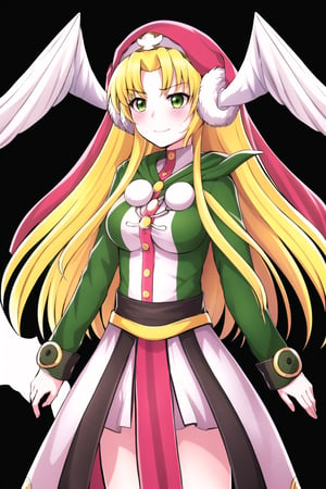 1girl, solo, , looking at viewer, blush, smile, ,, simple background, Divine Chant, 4th Seat of the Black Scripture, blonde hair, green eye, pink dress, green hood, very long hair, 1girl, angelwing-shaped earmuffs, serious face, unfriendly face