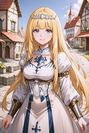  a masterpiece brought to life by Mika Pikazo and Guweiz (Wlop), where unique details converge to create an unforgettable work of art. western town, medieval age, 1girl, solo,Calca,Calca Bessarez,blonde hair,(extremely long hair:1.3),white tiara,white dress,blue eyes,medium chest,blunt bangs