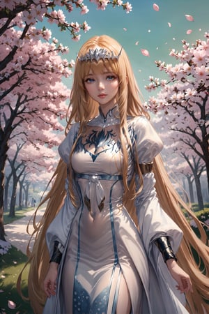 Anime girl, stands beneath cherry blossom trees, petals drifting around her, soft pastel background, sakura theme, ultra fine details, digital painting.,  1girl, solo, Calca, Calca Bessarez, blonde hair, (extremely long hair:1.3), very long hair, white tiara, white dress, blue eyes, medium chest, medium breast, yellow hair color,extremely long hair