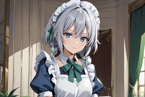 solo,upper body,Sakuya,Sakuya Izayoi,blue maid outfit,white apron,white maid headband,silver short hair,twin braided hair,blue eyes,green ribbons on her braid,big green bowtie, 1girl, solo, in the luxurious room 