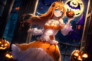 dancing, light smile, orange witch, (Woman dressed in a orange spooky Halloween costume:1.3), holding a small dark blue box, pumpkins decoration, score_9, score_8_up, score_7_up, source_anime, rennertheierechardelonrylevaiself, renner theiere chardelon ryle vaiself, long hair, blue eyes, blonde hair, hair ornament, very long hair, flower, hair flower, light smile, too much blushing, orange long sleeves, Halloween dress, jewelry, white puffy sleeves, necklace, orange dress, crown, princess, frills, indoors, night, night sky, moonlight, moon, Halloween curtains, window, looking at viewer, cowboy shot, dutch angle,  (Halloween party:1.4), (Halloween decoration:1.4), pumpkin, bat, death tree, graveyard, outdoor, Horror atmosphere,