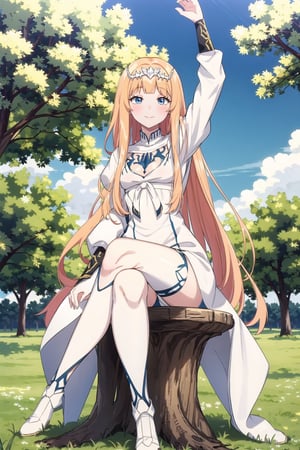 , looking at the viewer, blush, smile, ,sitting, closed mouth, full body,  ,  outdoors, sky, day, , cloud, , arm up, tree, blue sky,, from below, , convenient leg, in tree, sitting in tree, 1girl, solo, Calca, Calca Bessarez, blonde hair, extremely long hair, very long hair, white tiara, white dress, blue eyes, medium chest,