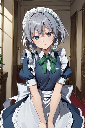 solo,upper body,Sakuya,Sakuya Izayoi,blue maid outfit,white apron,white maid headband,silver short hair,(twin braided hair:1.3),blue eyes,green ribbons on her braid,big green bowtie, 1girl, solo, in the luxurious room, sidelock