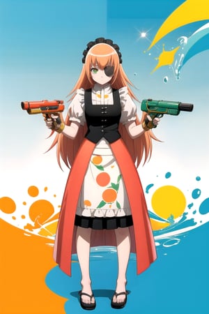 //Quality, (masterpiece), (best quality), 8k illustration,
//Character,
1girl , solo,

,cz2128 delta, pink color hair, orange color hair, peach color hair, black eyepatch on right-sided eyes, green eyes, maid outfit, holding gun, machine gun,Songkran Festival,

water splash, water festival, water gun, sand castle, water bucket, golden pagoda, golden temple, festival flags, effect of flowing water, colorful style, Thailand decoration, colorful swimming glasses, water effect