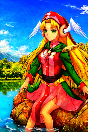 masterpiece,best quality,1girl, solo, female,, ,sitting,neutral expression,outdoors,riverbank,wind,water drop,  Divine Chant, 4th Seat of the Black Scripture, blonde hair, green eye, pink dress, green hood, very long hair, , angelwing-shaped earmuffs,