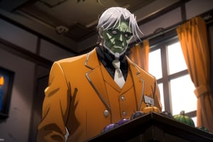 (masterpiece), (best quality), 8k illustration, Halloween, Frankenstein, (haunted house:1.4), (Halloween party:1.4), (Halloween decoration:1.4), (Halloween Frankenstein:1.4)
, 1male, solo, , sebas, orange theme, 
//Background, 50 years old, 
indoors, silver hair, short hair, white beard , (orange suit:1.3), surrounded by pumpkins, upper body 