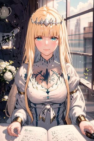 masterpiece, best quality, 1girl, looking at viewer, blush, aqua eyes, long sleeves, sitting, closed mouth, upper body, indoors, book, window,, book stack, blunt bangs, soft smile, 1girl, solo, Calca, Calca Bessarez, blonde hair, (extremely long hair:1.3), very long hair, white tiara, white dress, blue eyes, medium chest