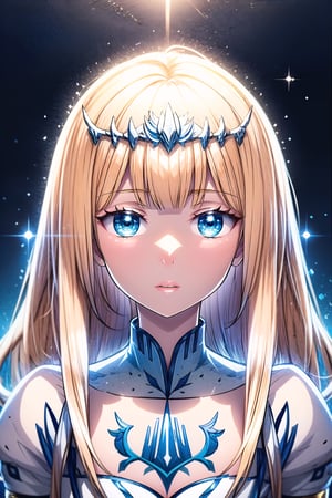 looking at viewer, , upper body, , parted lips, virtual youtuber, , , portrait, light particles, ,light, 1girl, solo, Calca, Calca Bessarez, blonde hair, extremely long hair, very long hair, white tiara, white dress, blue eyes, medium chest,