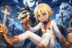 score_9,score_8_up,score_7_up,source_anime,BREAK,Aura Bella Fiora \(overlord\),short hair, blonde hair, hair between eyes, blue eyes, green eyes, heterochromia, pointy ears, dark skin, elf, ahoge, Halloween shirt, long sleeves, Halloween gloves, , white vest, white pants, orange footwear, 1girl, (Halloween party:1.4), (Halloween decoration:1.4), grave yard, night time, skeleton around, Haunted house, Ghostly fog, (black wolf:1.4), playing with the wolf