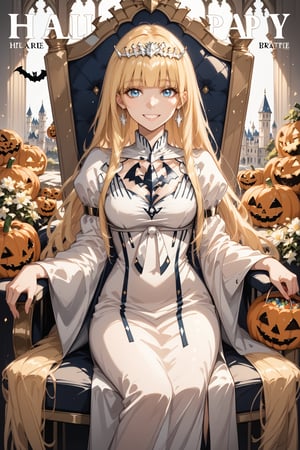 magazine, magazine cover, score_9, score_8_up, masterpiece, best quality, highres, BREAK, solo, smile, female focus, earrings,
(masterpiece), (best quality), 8k illustration, solo, in hall, palace, throne,  (Halloween party:1.4), (Halloween decoration:1.4), blonde hair,Calca,Calca Bessarez,1girl,(extremely long hair:1.3),white tiara,white dress,blue eyes,medium chest,blunt bangs