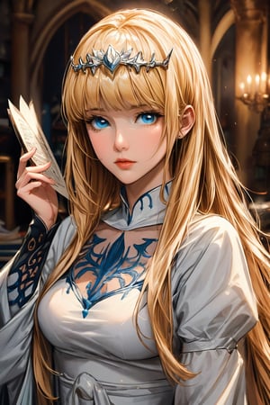 A beautiful woman reading a grimoire in an enchanting library, surrounded by mystical atmosphere and magical ambiance. (masterpiece, top quality, best quality, official art, beautiful and aesthetic:1.2), (1girl:1.4), upper body, , portrait, extreme detailed, fantasy art, intricate arcane wiccan designs, ,  1girl, solo, Calca, Calca Bessarez, blonde hair, extremely long hair, very long hair, white tiara, white dress, blue eyes, medium chest