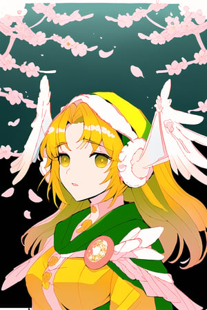 masterpiece, panorama,beautiful detailed eyes, midnight, (starry_sky:1.3), beautiful detailed mountainside, (shrine:1.2), (sakura trees:1.2), (the breeze blows the petals:1.8)  1girl, Divine Chant, 4th Seat of the Black Scripture, blonde hair, green eye, pink dress, green hood, very long hair, , (white angelwing-shaped earmuffs:1.5),, (yellow hair color:1.2)