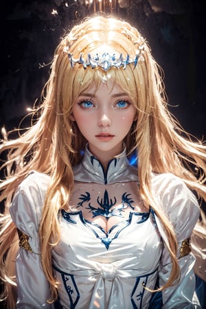 , high quality, high resolution, high precision, realism, color correction, proper lighting settings, harmonious composition, 1girl, solo, Calca, Calca Bessarez, blonde hair, extremely long hair, very long hair, white tiara, white dress, blue eyes, medium chest